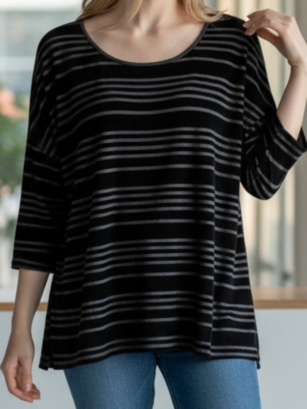 New with Tags Kate Hill Black Velvet Spa Size XL Tunic Top/Sheer Stripes/Boxy